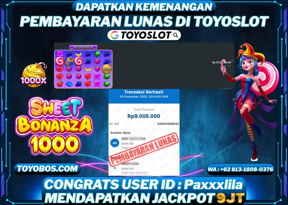 TOYOSLOT - BUKTI KEMENANGAN Sweet Bonanza 1000 Rp9,005,000,- LUNAS